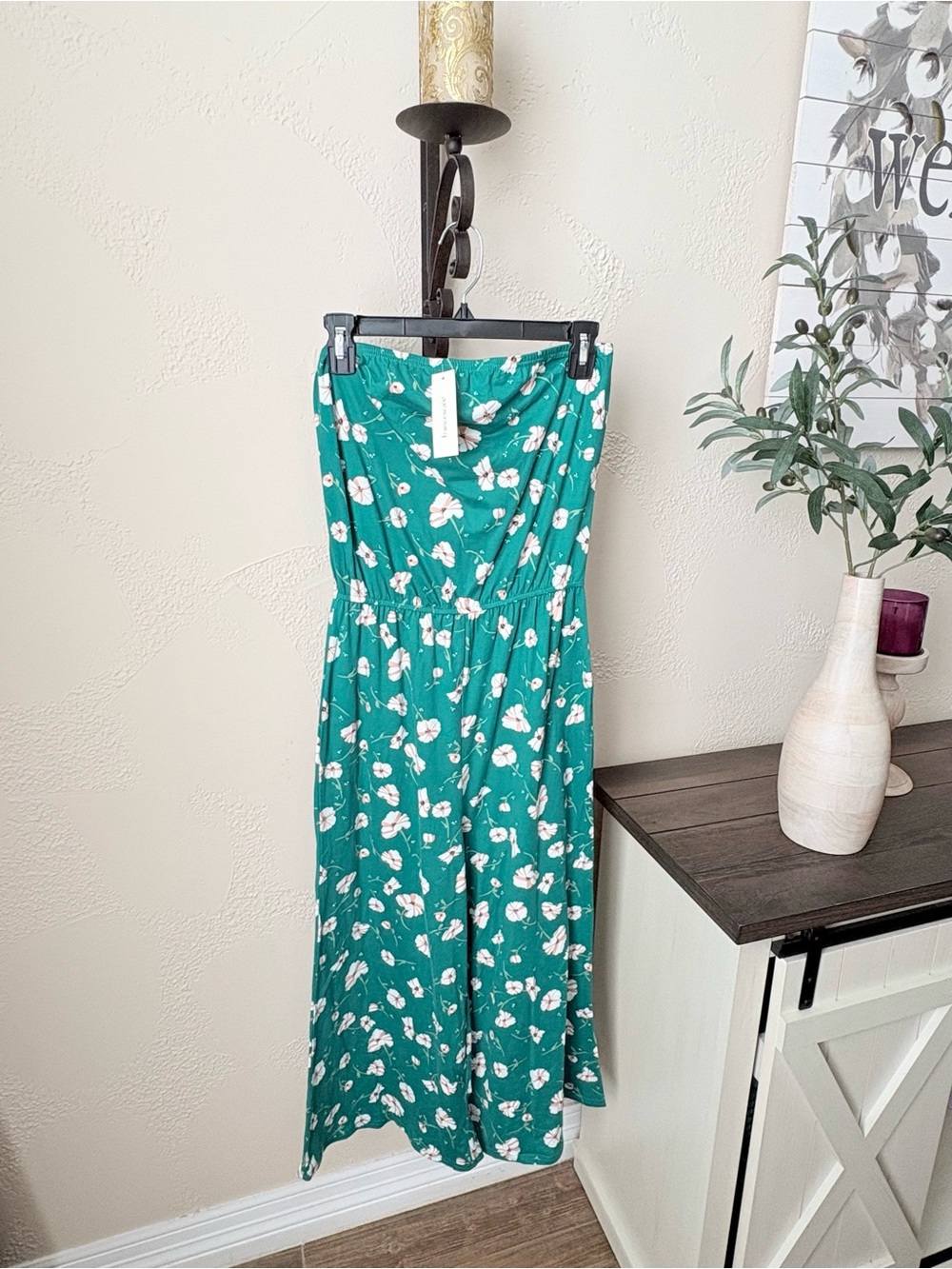 Francesca's Collections Teal Floral Strapless Jumpsuit